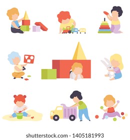 Cute Little Kids Playing with Toys Set, Toddler Boys and Girls Playing with Pyramid, Blocks, Car, Sorter, Balls Vector Illustration