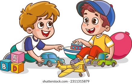 cute little kids playing with toys together vector