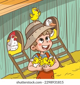 cute little kids plays with chicks in the henhouse cartoon vector