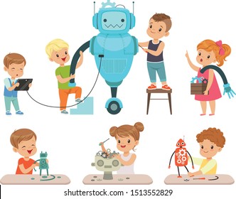 Cute little kids programming and creating smart robots set, educational project concept for children vector Illustrations on a white background