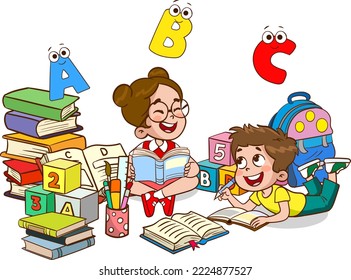 cute little kids reading books.students read books and study.preschool education image