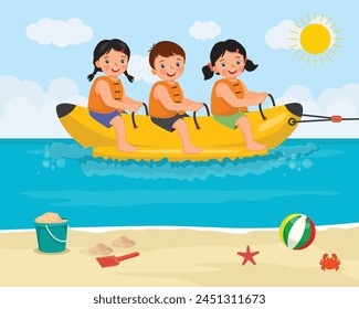 Cute little kids riding on banana boat in the beach on summer vacation