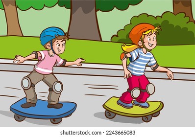 cute little kids are riding skateboards cartoon vector illustration