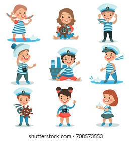 Cute little kids in sailors costumes playing and dreaming of sailing set of colorful vector Illustrations