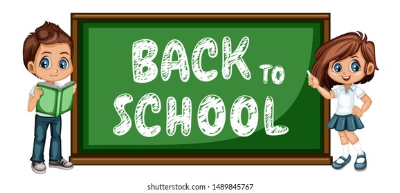 Cute Little Kids in School Clothes Standing Next to Blackboard. Cartoon Vector Illustration of a Student with a Chalk Isolated on White Background. Back to School Concept