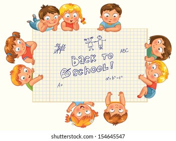 Cute little kids show a blank exercise book for your text entry. Vector illustration