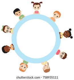 Cute little kids show a blank poster for your text entry. Vector illustration
