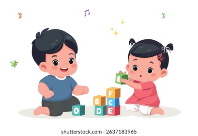 cute little kids siblings playing with colorful bricks cartoon vector illustration	