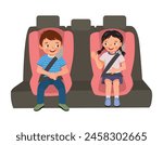 Cute little kids sitting in car seat putting on seat belt for safety