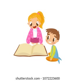 Cute little kids sitting on the floor and reading a book, early development concept vector Illustration on a white background