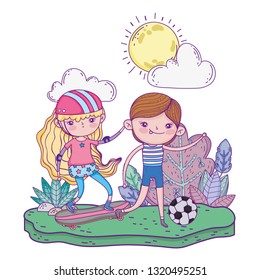 cute little kids in skateboard and playing soccer