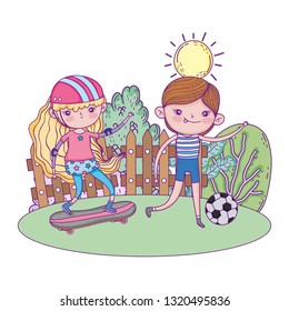 cute little kids in skateboard and playing soccer