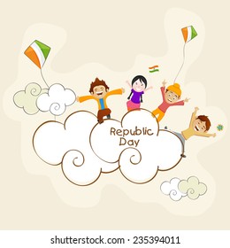 Cute little kids standing on clouds with flying kites for Indian Republic Day celebration.