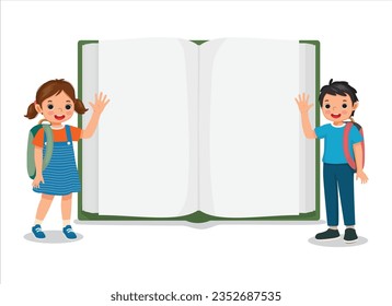 Cute little kids students with backpack standing in front of opened blank big book waving hand