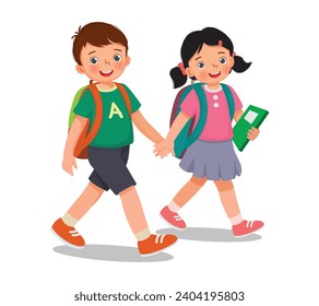 Cute little kids students with backpack go to school holding hands together