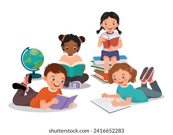 Cute little kids students boy and girl reading books together