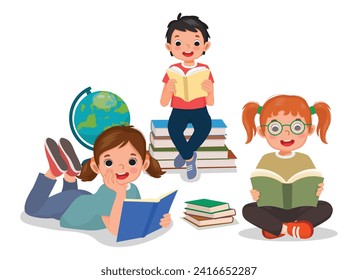 Cute little kids students boy and girl reading books together