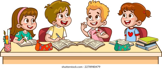 cute little kids studying together cartoon vector illustration