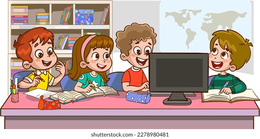 cute little kids studying together cartoon vector illustration