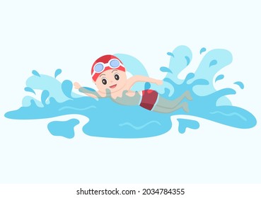 Cute Little Kids Swimming Background Vector Illustration in flat  cartoon style. people dressed in swimwear, swim in summer and performing water activities