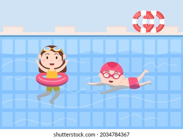 Cute Little Kids Swimming Background Vector Illustration in flat  cartoon style. people dressed in swimwear, swim in summer and performing water activities