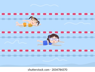 Cute Little Kids Swimming Background Vector Illustration in flat  cartoon style. people dressed in swimwear, swim in summer and performing water activities