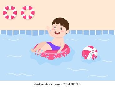 Cute Little Kids Swimming Background Vector Illustration in flat  cartoon style. people dressed in swimwear, swim in summer and performing water activities