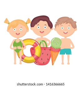 cute little kids with swimsuit and summer icons cute little kids with swimsuit and summer icons