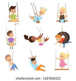 Cute little kids swinging on rope swings, boys and girls having fun outdoor vector Illustration on a white background