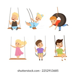 Cute Little Kids Swinging on Rope Swings Having Fun Outdoor Vector Set