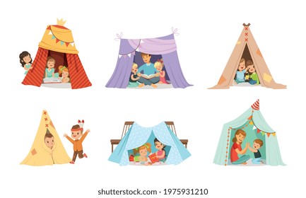 Cute Little Kids and Their Parents Playing and Reading Book Sitting in Handmade Teepee or Hut Vector Set