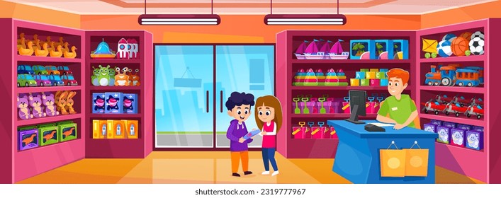 Cute little kids in a toy store want a new doll. Interior of a toyshop with a cashier behind the counter and a collection of toys: car, teddy bear, kite, rocket, train. Cartoon vector illustration.