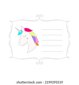 CUTE LITTLE KIDS UNICORN IN FRAME ISOLATED ON WHITE. PERFECT FOR BIRTHDAY PARTY MESSAGE FOR LITTLE GIRLS
