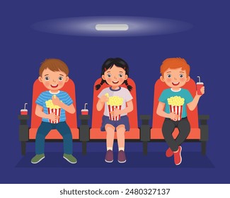 Cute little kids watching movies in cinema eating popcorn