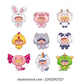 Cute little kids wearing animals costumes. Adorable boys and girls cartoon characters in clothes rabbit, pig, goat, rooster, cat, panda, axolotl, unicorn, dragon. Hand drawn style.