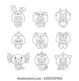 Cute little kids wearing animals costumes. Coloring Page. Adorable boys and girls cartoon characters in clothes rabbit, pig, goat, rooster, cat, panda, axolotl, unicorn, dragon.