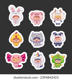 Cute little kids wearing animals costumes. Sticker Bookmark. Adorable boys and girls cartoon characters in clothes rabbit, pig, goat, rooster, cat, panda, axolotl, unicorn, dragon.