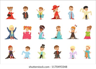 Cute little kids wearing elegant adult oversized clothes set, children pretending to be adults vector Illustrations