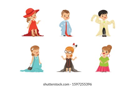 Cute Little Kids Wearing Elegant Adult Oversized Clothes Vector Illustrations Set