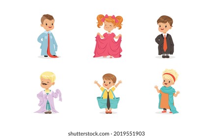 Cute Little Kids Wearing Elegant Adult Oversized Clothing Vector Set