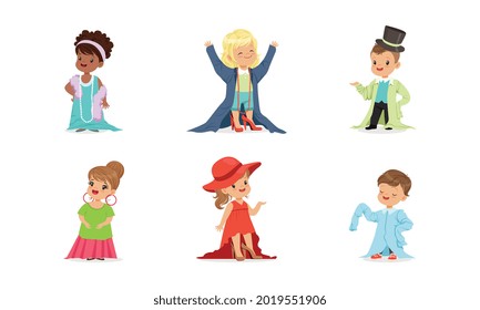 Cute Little Kids Wearing Elegant Adult Oversized Clothing Vector Set