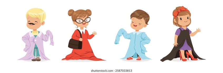 Cute Little Kids Wearing Elegant Adult Oversized Clothes Vector Set