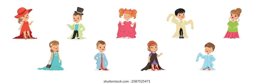 Cute Little Kids Wearing Elegant Adult Oversized Clothes Vector Set