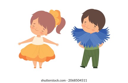 Cute Little Kids Wearing Flower Costume Vector Set