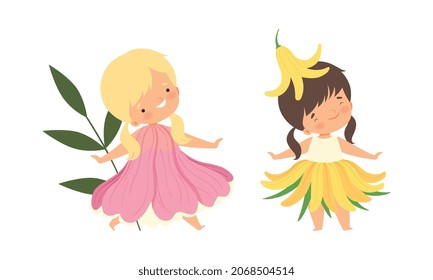 Cute Little Kids Wearing Flower Costume Vector Set
