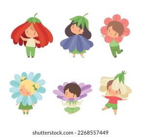 Cute Little Kids Wearing Flower Costume Vector Set