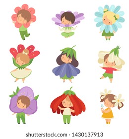 Cute Little Kids Wearing Flowers Costumes Set, Adorable Boys and Girls Cartoon Characters in Carnival Clothes Vector Illustration