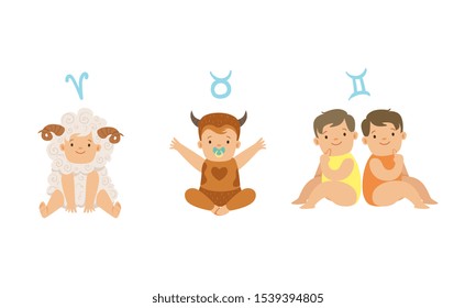 Cute Little Kids Wearing as Zodiac Signs Set, Aries, Taurus, Gemini Vector Illustration