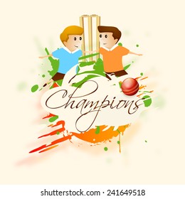 Cute little kids with wicket stumps, red ball and text Champions on color splash background. 