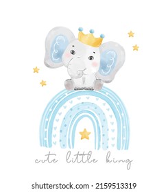 Cute Little King Baby Blue Boy Elephant Sitting On Blue Rainbow, Baby Shower Birthday Animal Watercolor Hand Drawn Vector 